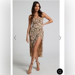 SHOWPO JESSELL MIDI DRESS - HIGH SPLIT STRAPLESS DRESS IN BEIGE FLORAL, NWT